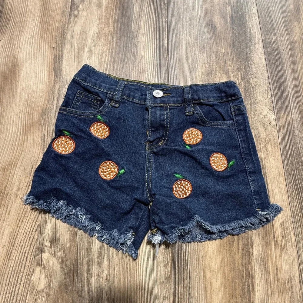 Denim Shorts Blue Orange Fruit Embroidered Kidcore